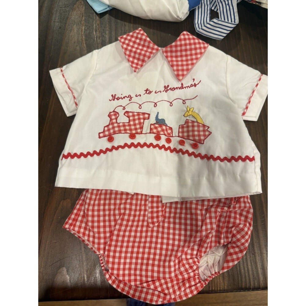 VINTAGE 3-6M 2pc Outfit White Shirt Red Gingham Shorts